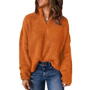 New Medium Long Sleeve 1/4 Zip Pullover Polo V Neck Dressy Casual Sweater